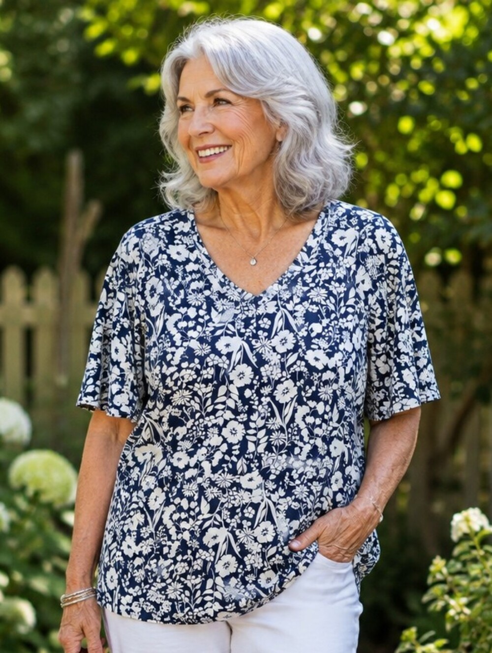 Lane Bryant NWT 18/20 Navy White Floral Perfect Sleeve V Neck Tee